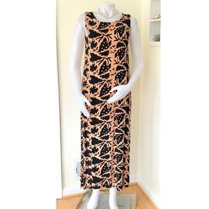 1990s Hawaiian long dress batik monstera leaf print peach dark blue boho chic